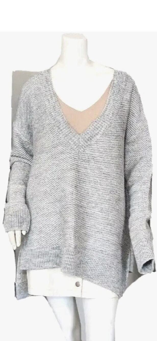 ZARA Gray Wool Blend V-Neck Asymmetrical Hem Oversized Sweater Women's S Italian